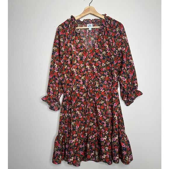 Shop The Mint Floral Ruffle Sleeve Mini Dress Gold Combo Multicolor Size XL - Picture 2 of 7